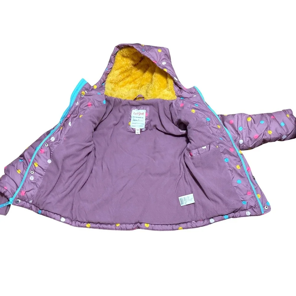 Cat & Jack Girls Purple Polka Dot Puffer Jacket Hooded Size S 6/7 VN1119796